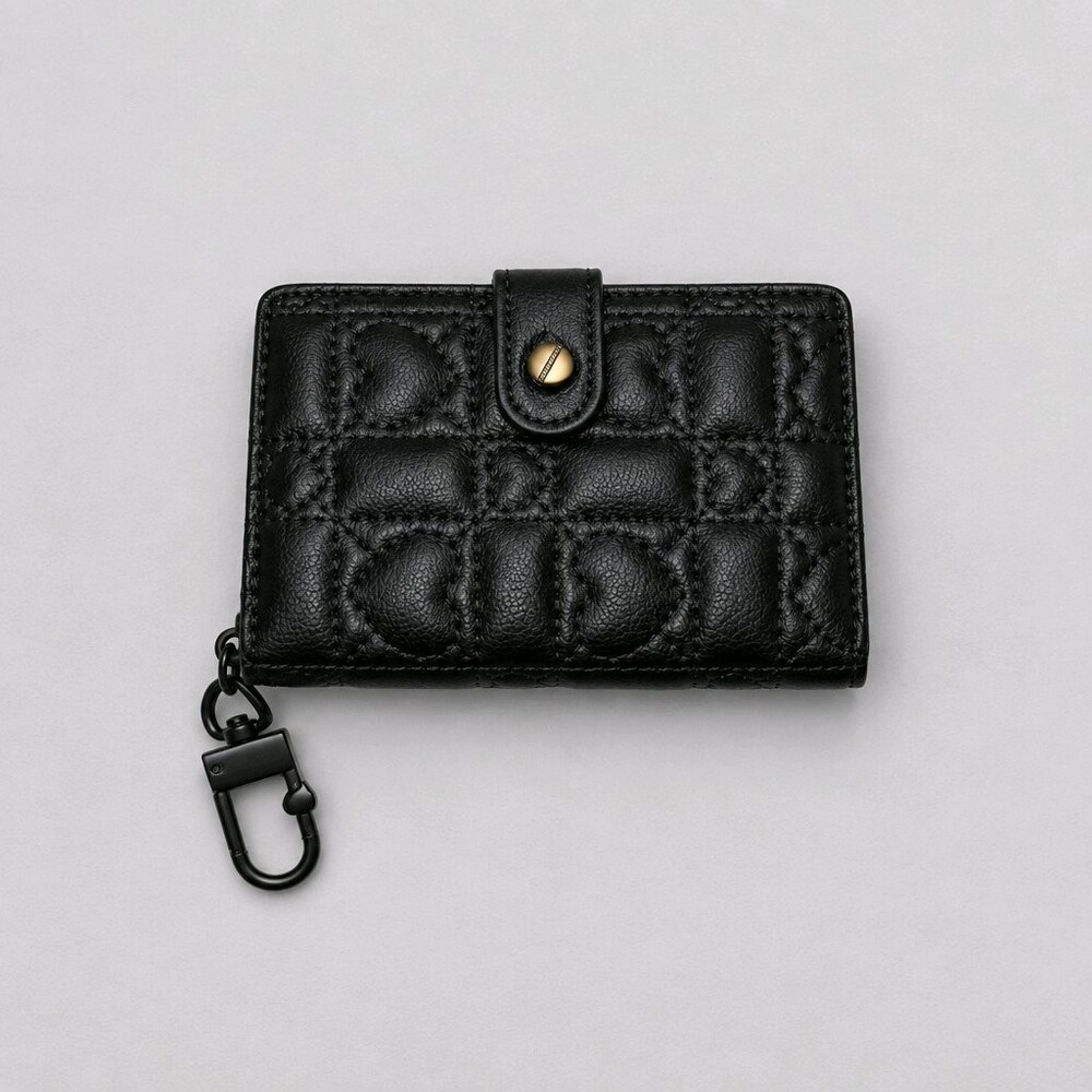 Betsey Johnson Quilted Wallet Black Polyurethane Snap Closure Keychain Clip